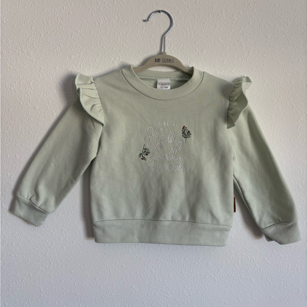 Lila & Jack Light Green Christmas Sweater with Ruffle Sleeves